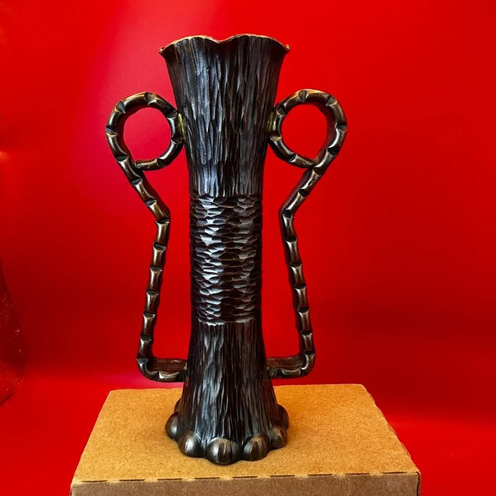 VINTAGE BRONZE VASE, TEXTURED SURFACE AND STYLIZED HANDLES - Picture 5 of 9